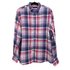 Bugatchi Uomo Linen Plaid Button Down Shirt Long Sleeve Shaped Purple Pink XL